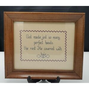 Vintage Handmade Needlepoint Framed Sign Bald God Made Just So ManyPerfect Heads